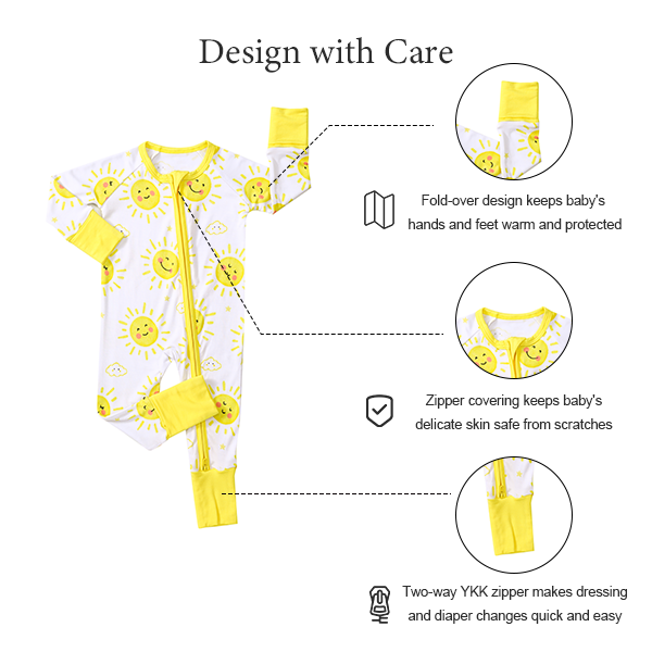 Sunshine Bamboo Baby Sleeper – Yellow Sun Print Zip Romper in Soft Viscose from Bamboo for Newborns & Toddlers