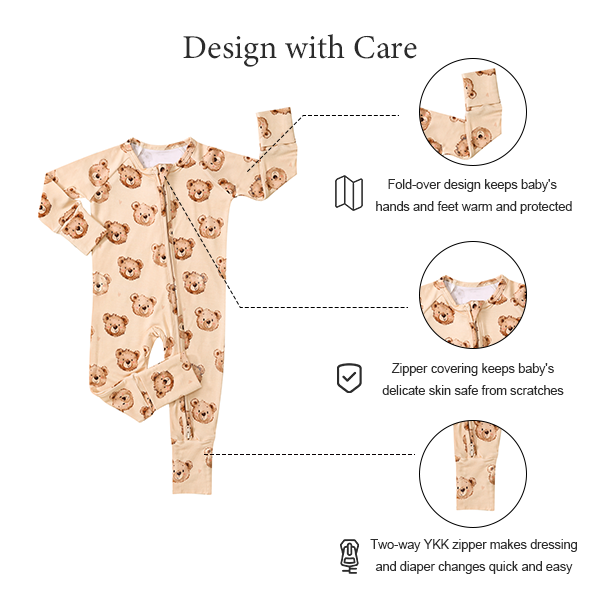 Teddy Bear Bow Bamboo Baby Romper – Soft Viscose from Bamboo Zip Sleeper with Adorable Bear Print for Little Ones