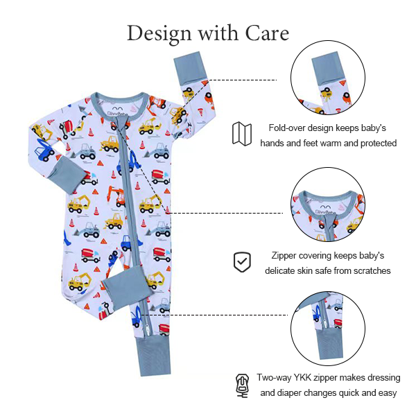 Blue Excavator Bamboo Baby Pajamas – Soft Construction Print Zippy Romper for Little Builders