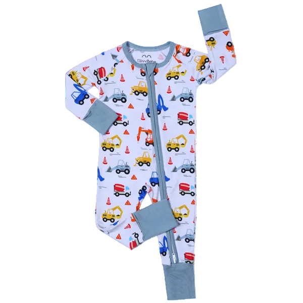 Blue Excavator Bamboo Baby Pajamas – Soft Construction Print Zippy Romper for Little Builders