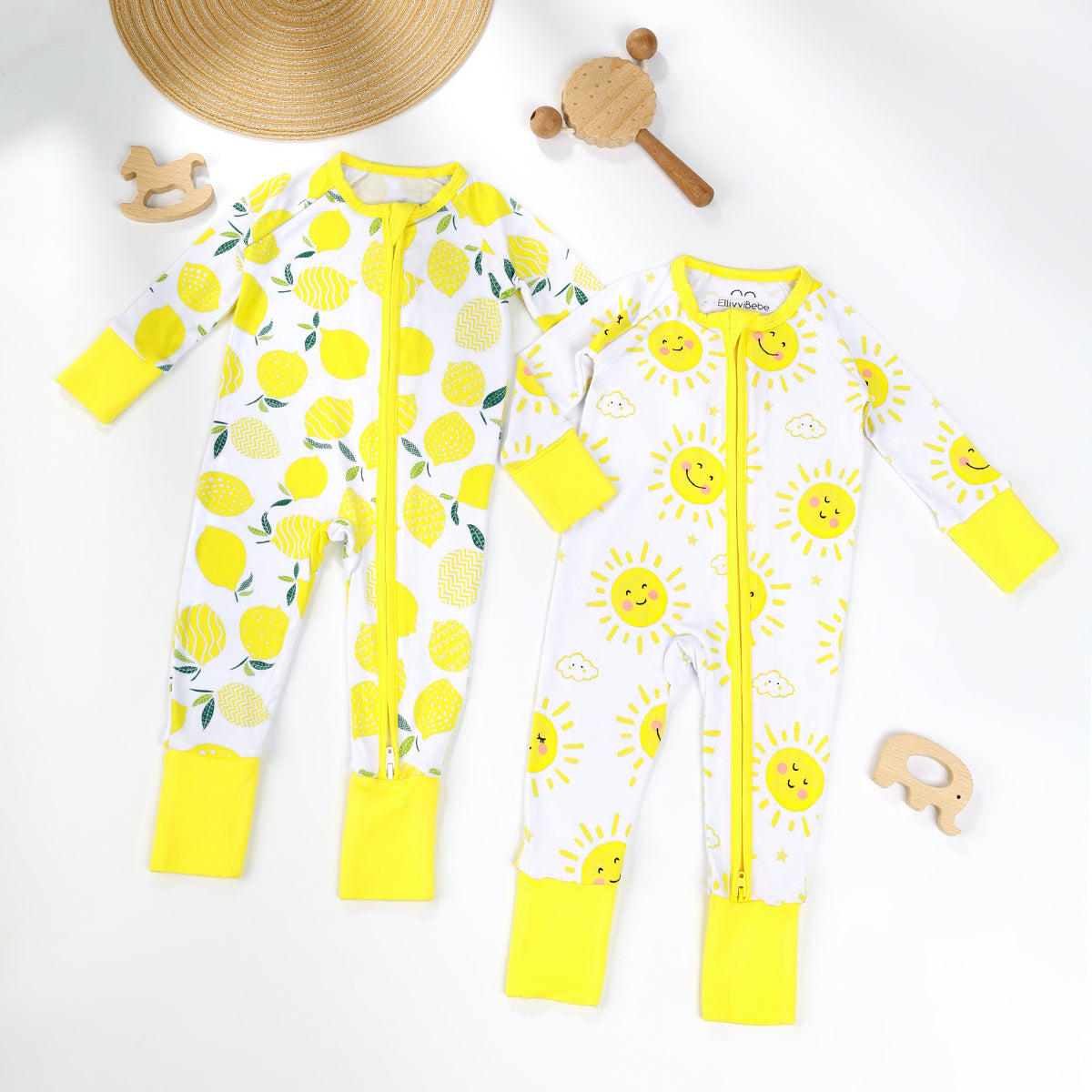 Sunshine Bamboo Baby Sleeper – Yellow Sun Print Zip Romper in Soft Viscose from Bamboo for Newborns & Toddlers