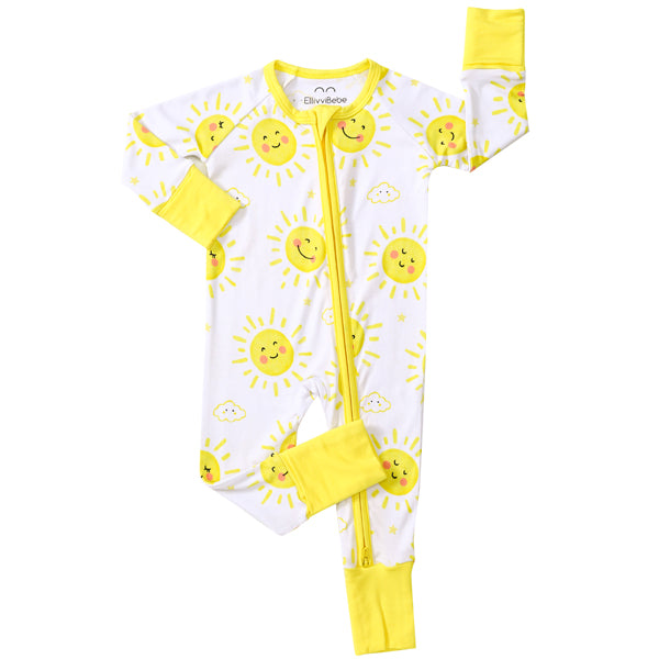 Sunshine Bamboo Baby Sleeper – Yellow Sun Print Zip Romper in Soft Viscose from Bamboo for Newborns & Toddlers
